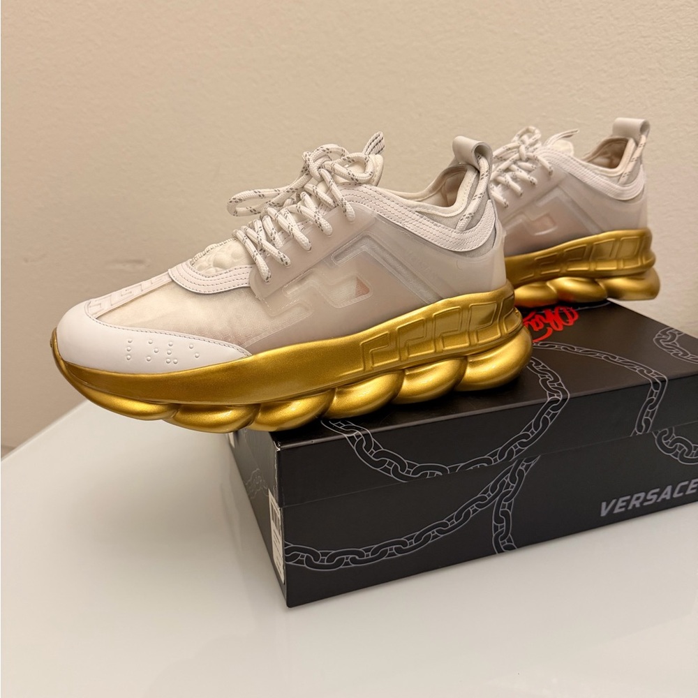 Versace Men's Chain Sneakers in White and Gold